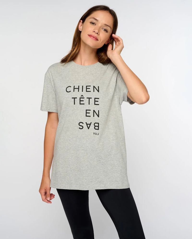 T-shirt unisexe gris CHIEN TÊTE EN BAS YUJ - Maison de pleine conscience